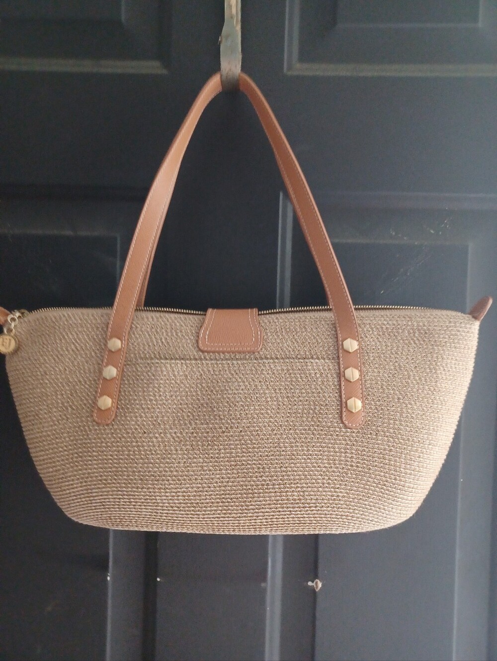 Eric Javitz Squishee Straw Tote with Tan Leather Trim - Picture 2 of 5